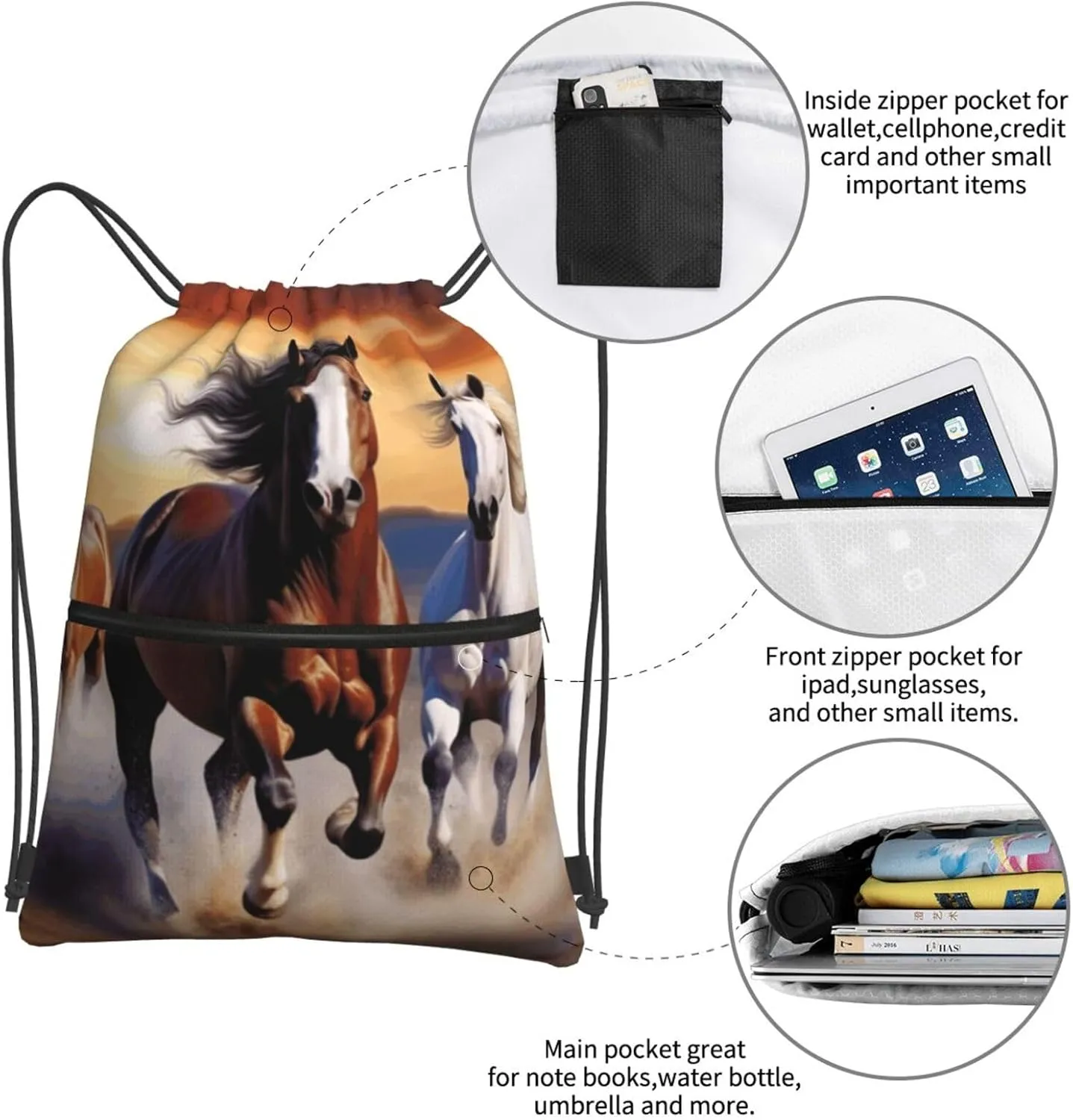 Drawstring Backpack Sports Gym Bags Running Horses Drawstring Bags for Men Women Beach Bag String Bag