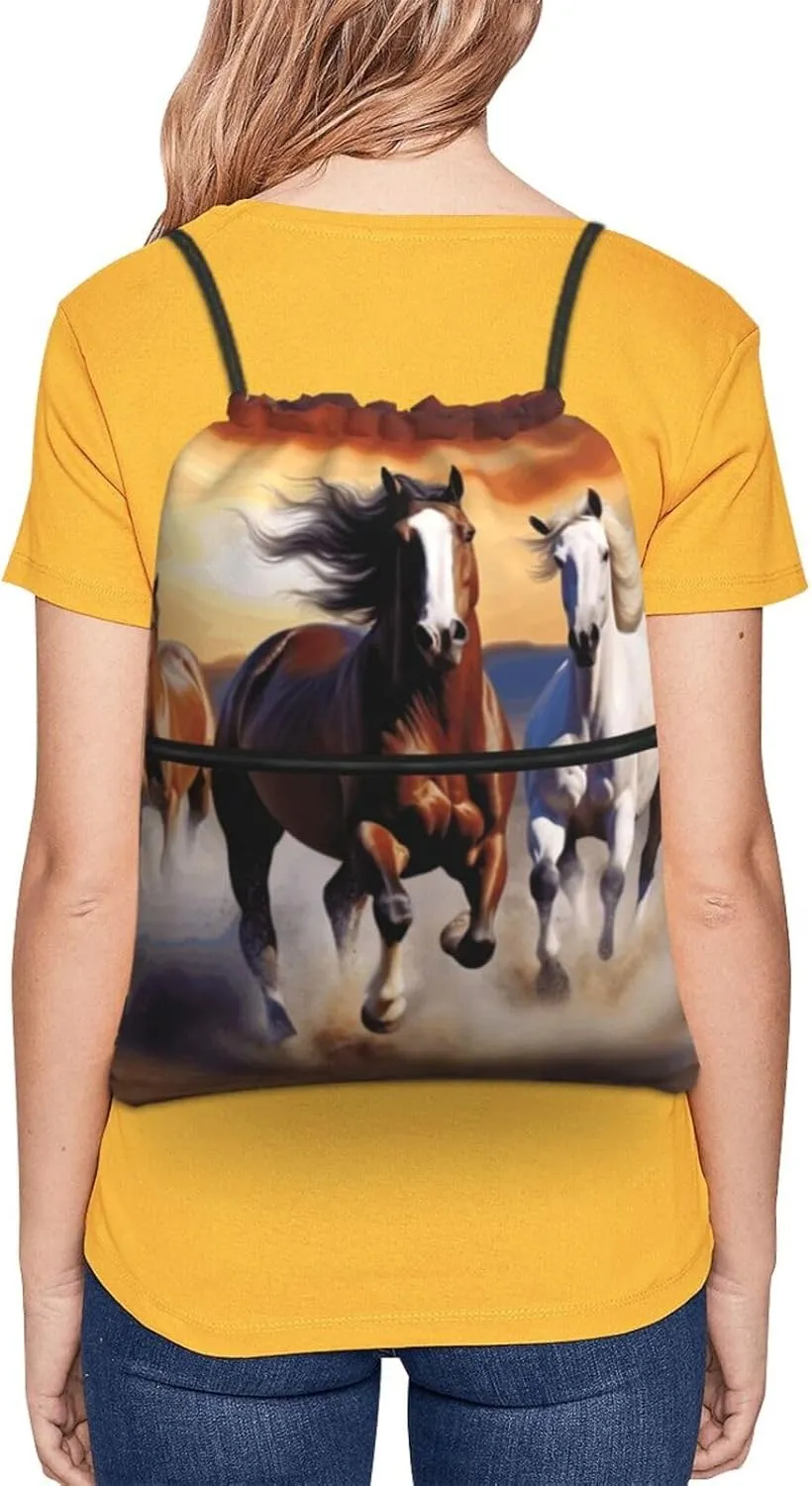 Drawstring Backpack Sports Gym Bags Running Horses Drawstring Bags for Men Women Beach Bag String Bag