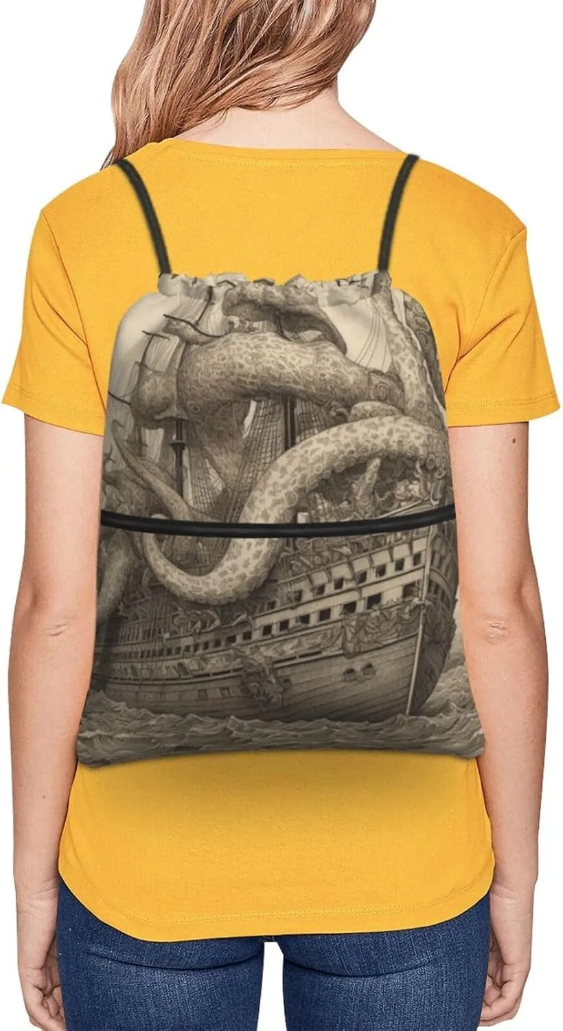 Drawstring Backpack Sports Gym Bags Sailing Pirate Octopus Drawstring Bags for Men Women Beach Bag String Bag