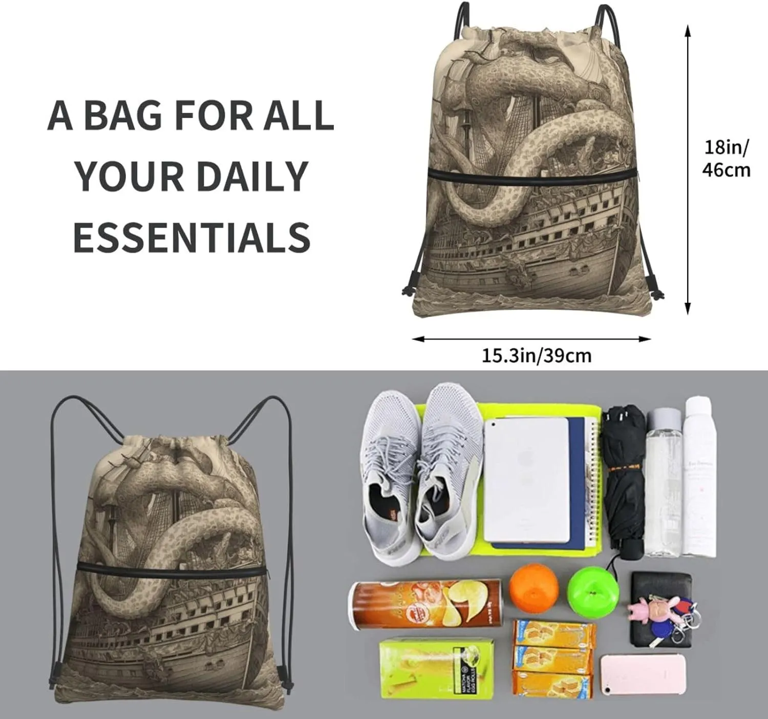 Drawstring Backpack Sports Gym Bags Sailing Pirate Octopus Drawstring Bags for Men Women Beach Bag String Bag