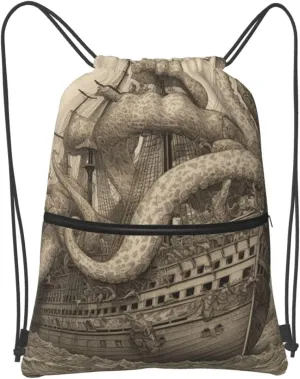 Drawstring Backpack Sports Gym Bags Sailing Pirate Octopus Drawstring Bags for Men Women Beach Bag String Bag