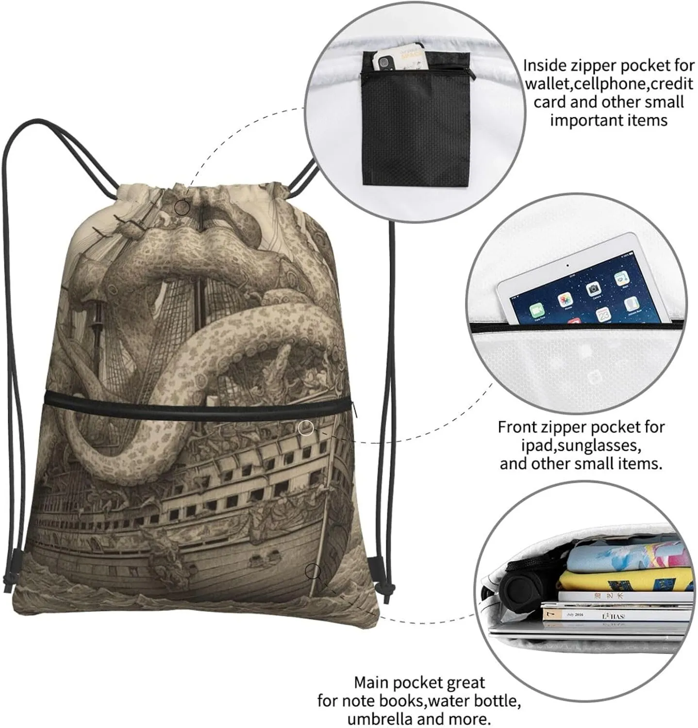 Drawstring Backpack Sports Gym Bags Sailing Pirate Octopus Drawstring Bags for Men Women Beach Bag String Bag