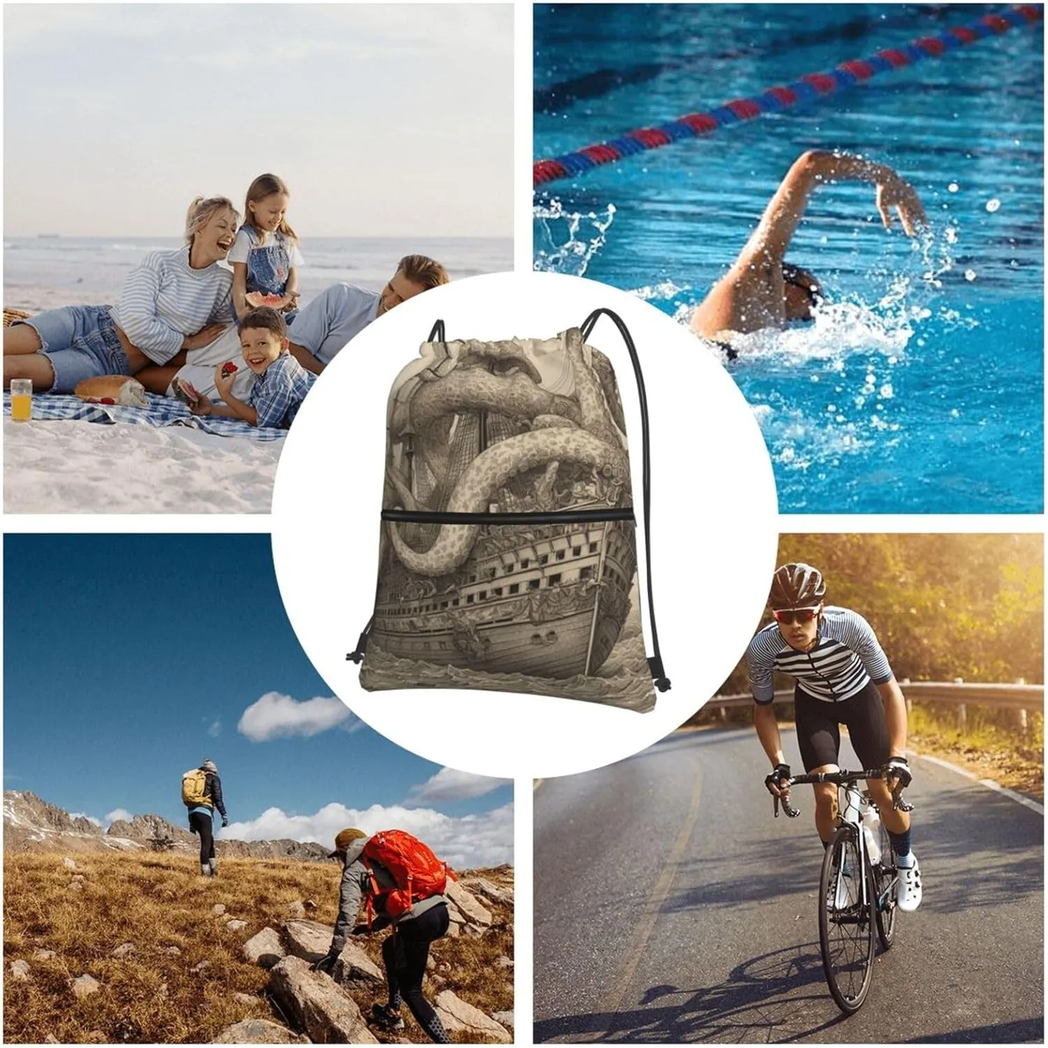 Drawstring Backpack Sports Gym Bags Sailing Pirate Octopus Drawstring Bags for Men Women Beach Bag String Bag