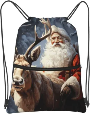 Drawstring Backpack Sports Gym Bags Santa Claus and Deer Elk Drawstring Bags for Men Women Beach Bag String Bag