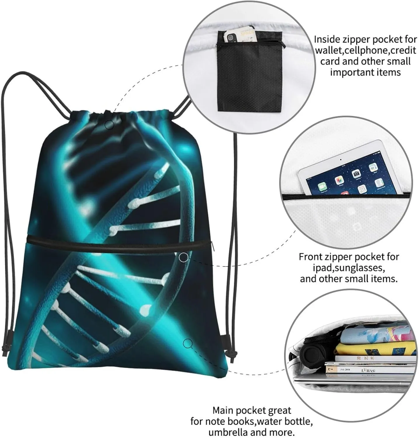 Drawstring Backpack Sports Gym Bags Science Gene Strand Drawstring Bags for Men Women Beach Bag String Bag