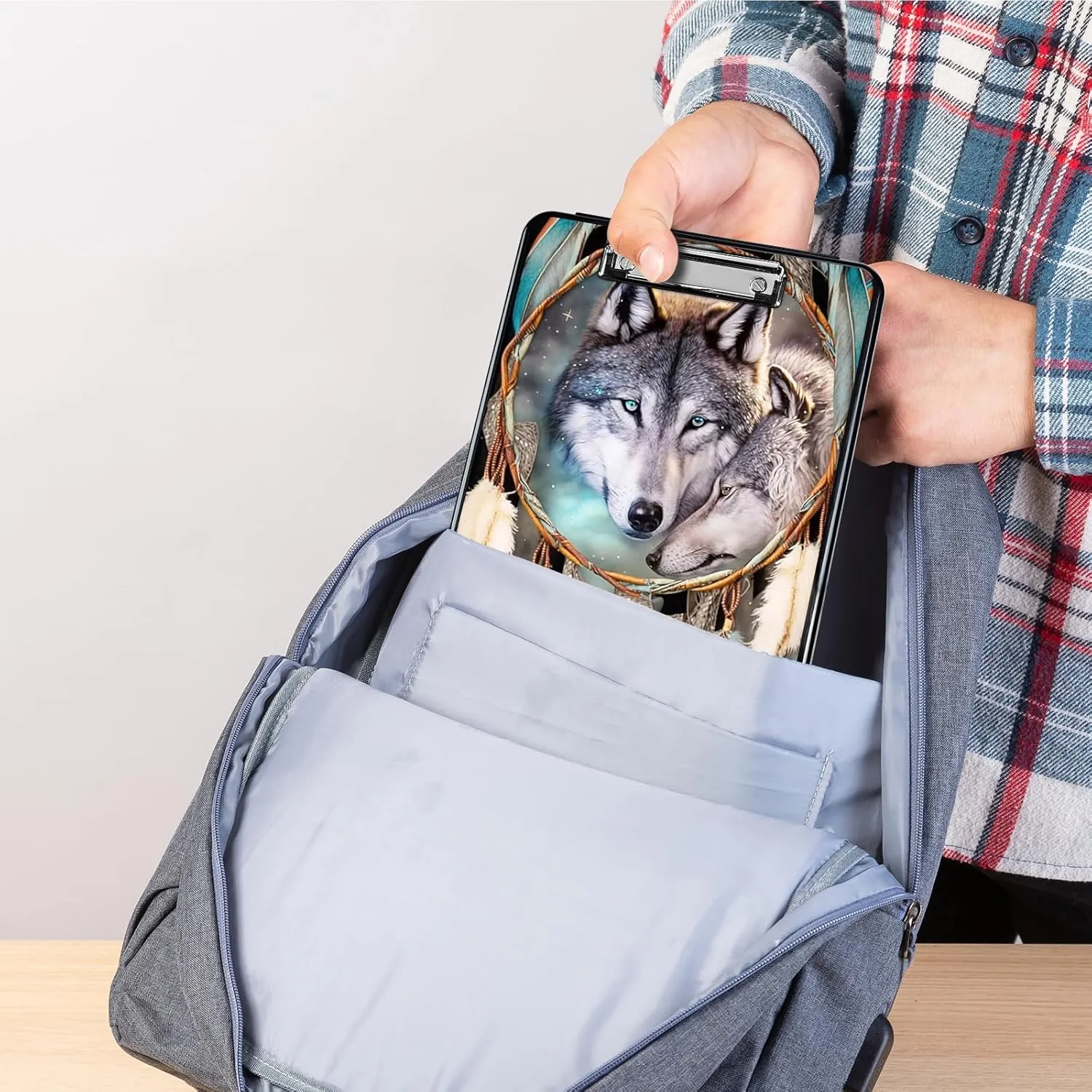 Dream Catcher Wolf Heavy Duty Foldable Plastic Storage Clipboard with Low Profile Clip, Coaches Clipboard Case for Work, Teacher, Office, School Supplies