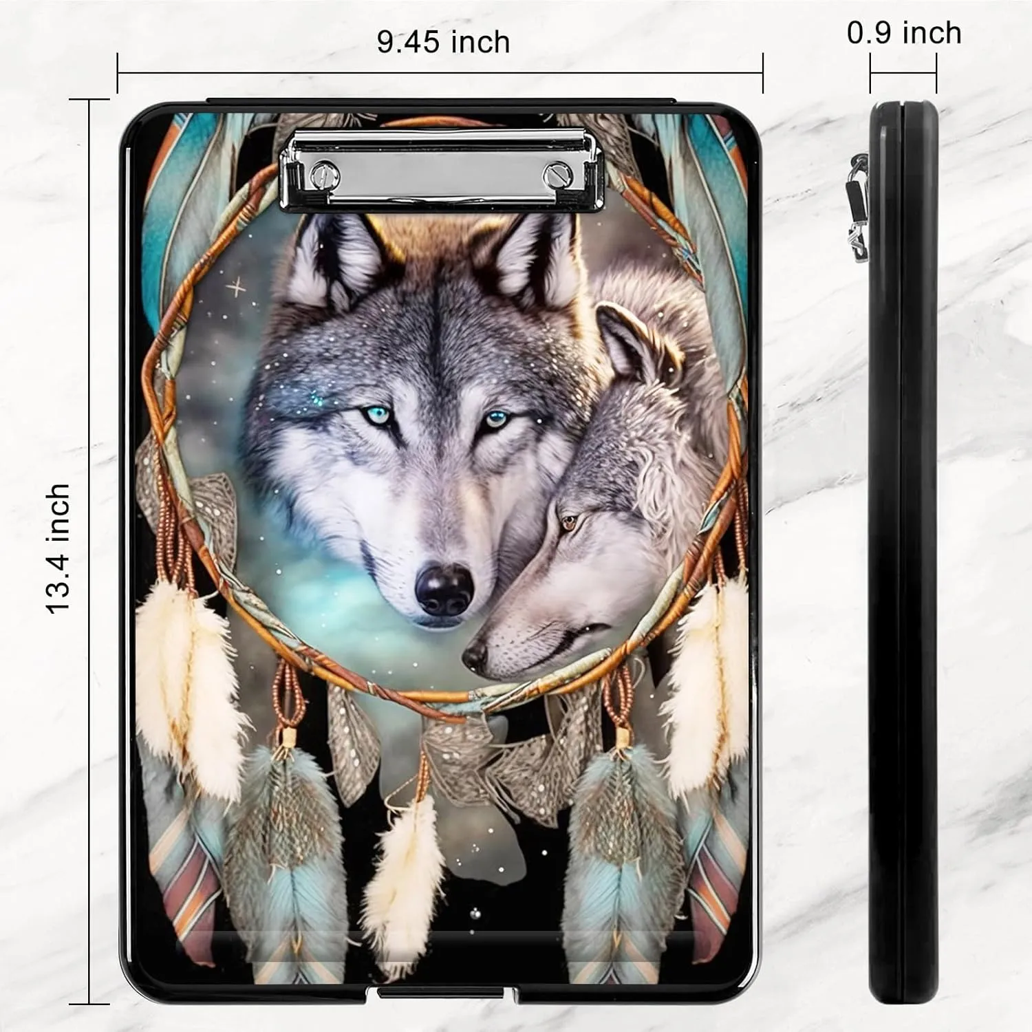 Dream Catcher Wolf Heavy Duty Foldable Plastic Storage Clipboard with Low Profile Clip, Coaches Clipboard Case for Work, Teacher, Office, School Supplies