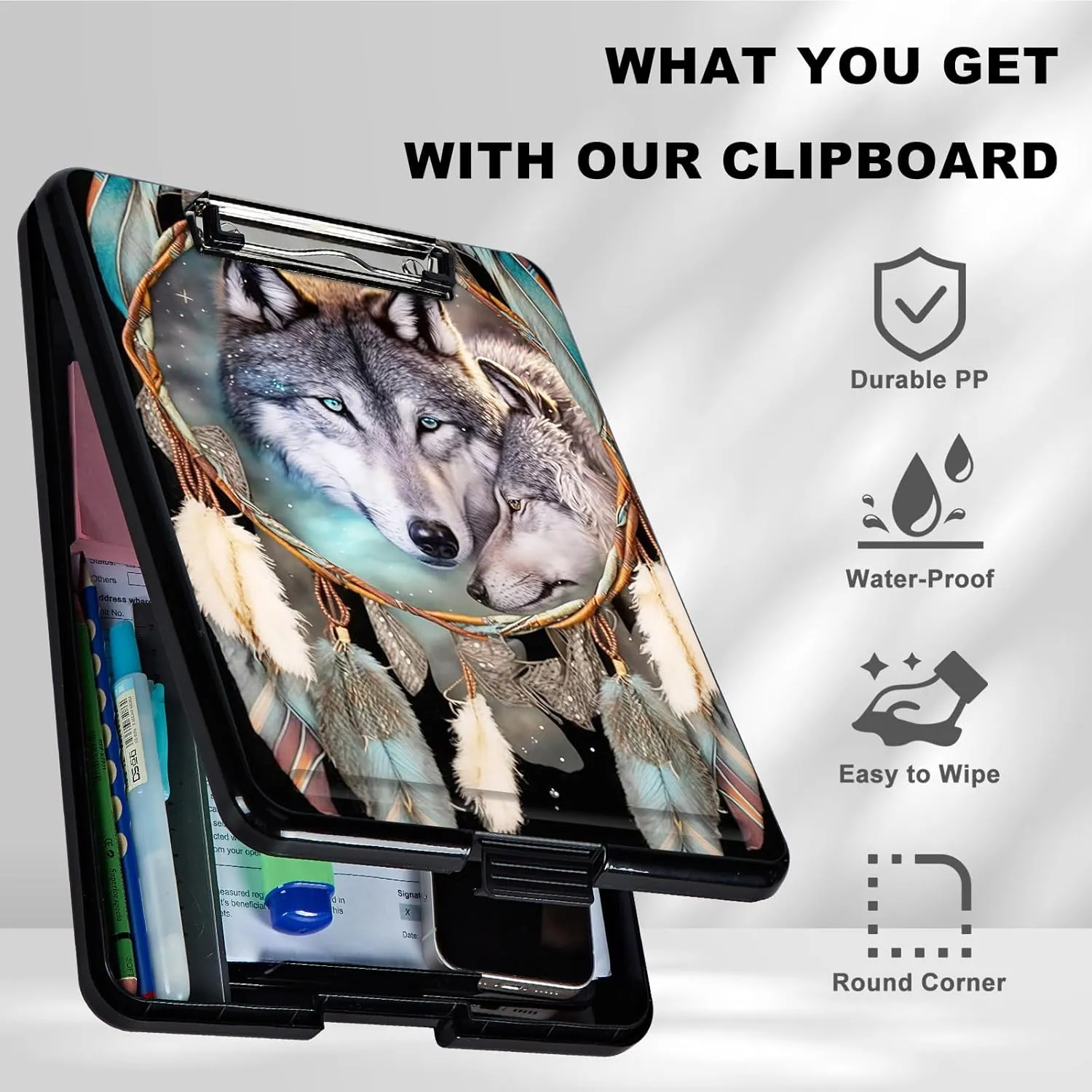 Dream Catcher Wolf Heavy Duty Foldable Plastic Storage Clipboard with Low Profile Clip, Coaches Clipboard Case for Work, Teacher, Office, School Supplies