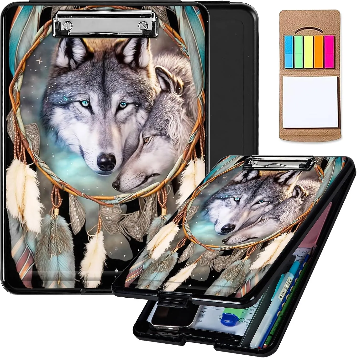 Dream Catcher Wolf Heavy Duty Foldable Plastic Storage Clipboard with Low Profile Clip, Coaches Clipboard Case for Work, Teacher, Office, School Supplies