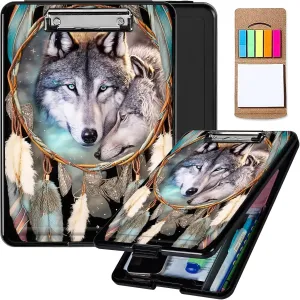 Dream Catcher Wolf Heavy Duty Foldable Plastic Storage Clipboard with Low Profile Clip, Coaches Clipboard Case for Work, Teacher, Office, School Supplies
