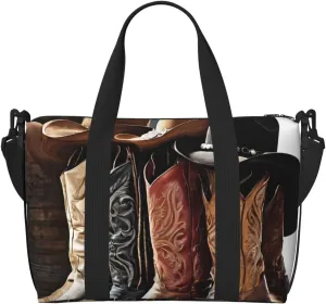 Duffle Bag Large Lightweight Foldable Print Weekender Bag Travel Bag Carry on Bag Overnight Bag, for Gym Sports Yoga Women, Cowboy Black Hat Western Boots