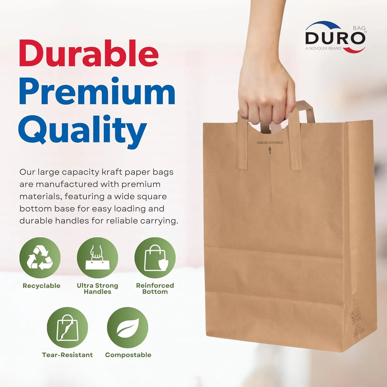 DURO 70# Extra Large Brown Paper Bags, 12x7x17 Inches, 50-Count, 1/6 Heavy-Duty Brown Paper Grocery Bags Without Handle, Ideal for Food Take-Out, Grocery Shopping, Trash & Recycling Sacks