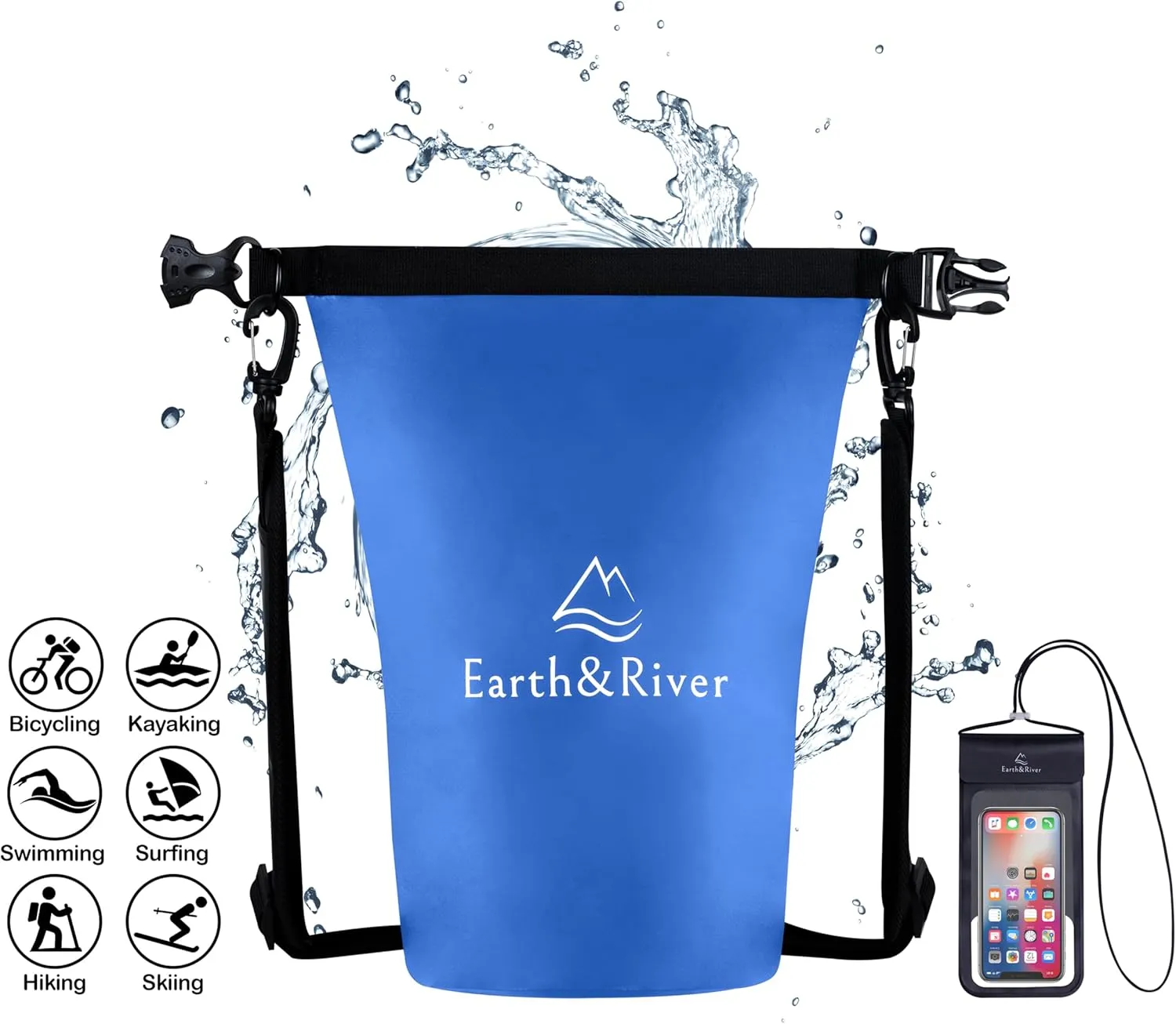 EARTH&RIVER Premium Waterproof Dry Bag Backpack, Extra Thick, Protection for All Water Activities & Camping, Floating Lightweight Dry Bag & IPX8 Waterproof Phone Case (Navy Blue, 5L)