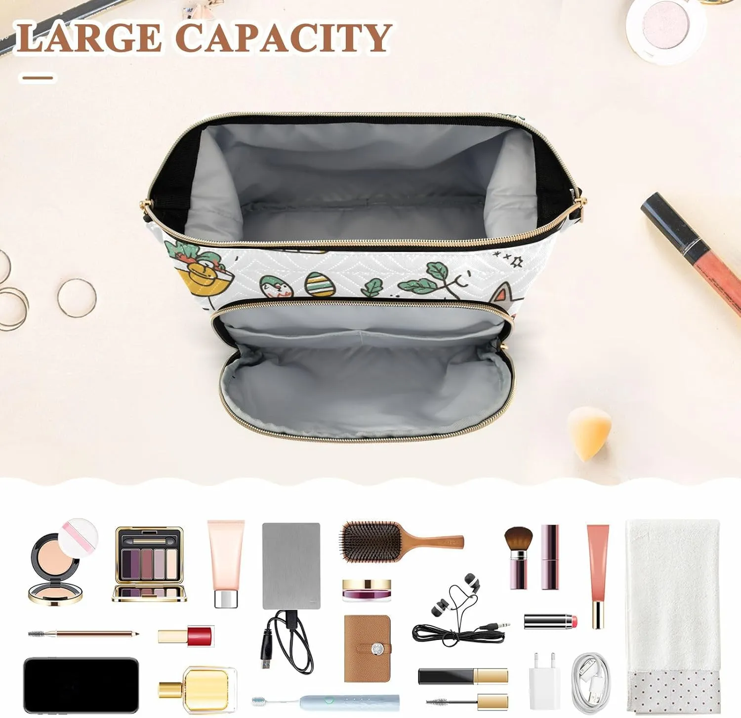 Easter Laperm Cats White Cosmetics Bag Essentials Large Makeup Bag Cosmetic Bags For Purse for Cosmetic Makeup