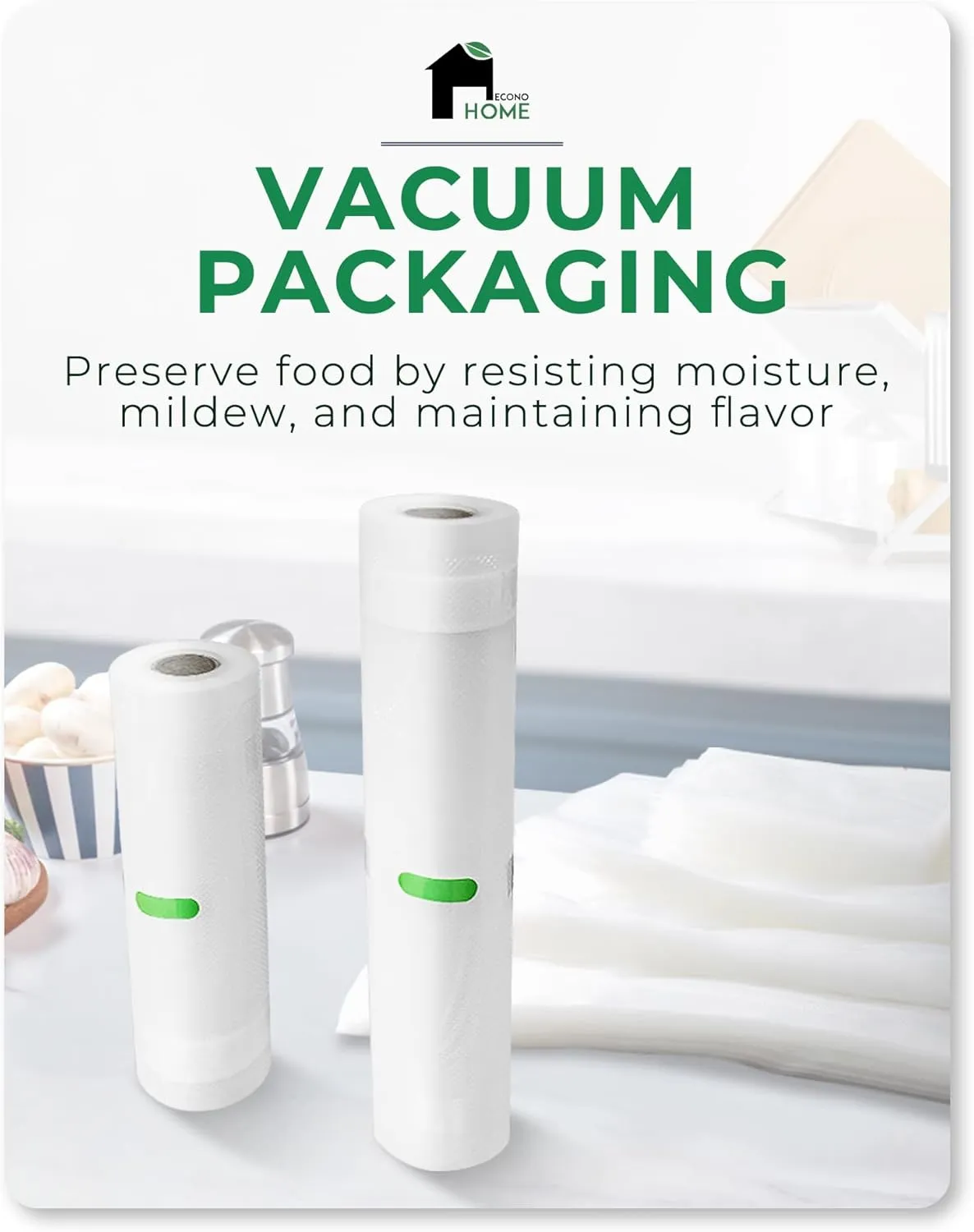 EconoHome Heavy Duty Vacuum Seal Bags for Food - Commercial-Grade, Airtight & Leakproof Plastic Vacuum Storage Bags for Sous Vide, Meal Preparation, Processing & Dry Aging Meat - 8"x20' Roll, 6 Pack