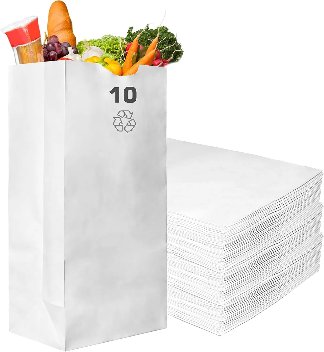 EcoQuality Kraft White Paper Bags - 10LB Capacity, #10 Lunch Bags / Sacks (200, 10LB)
