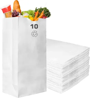 EcoQuality Kraft White Paper Bags - 10LB Capacity, #10 Lunch Bags / Sacks (200, 10LB)