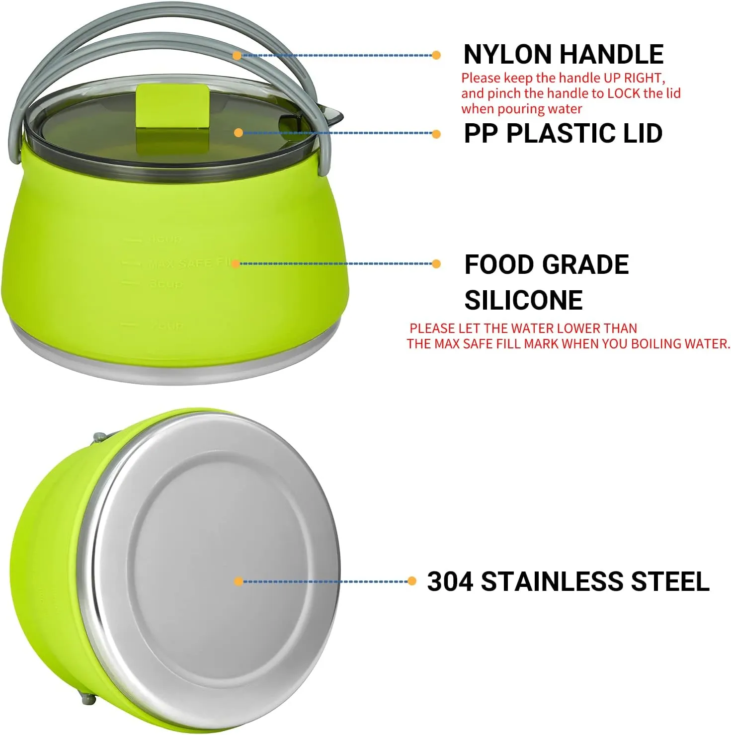 EEZEE 1L Collapsible Camping Kettle Portable Travel Kettle Folding Silicone Camping Cook Pot Foldable Compact Hiking Water Boiler and Warmer with Lid BPA-Free Backpacking Pot