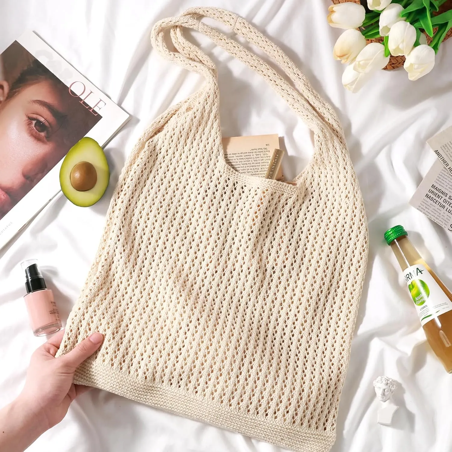 EIMMBD Crochet Bags for Women Beach Totes Bags Aesthetic Summer Tote Shoulder Hippie Bag Knit Bag