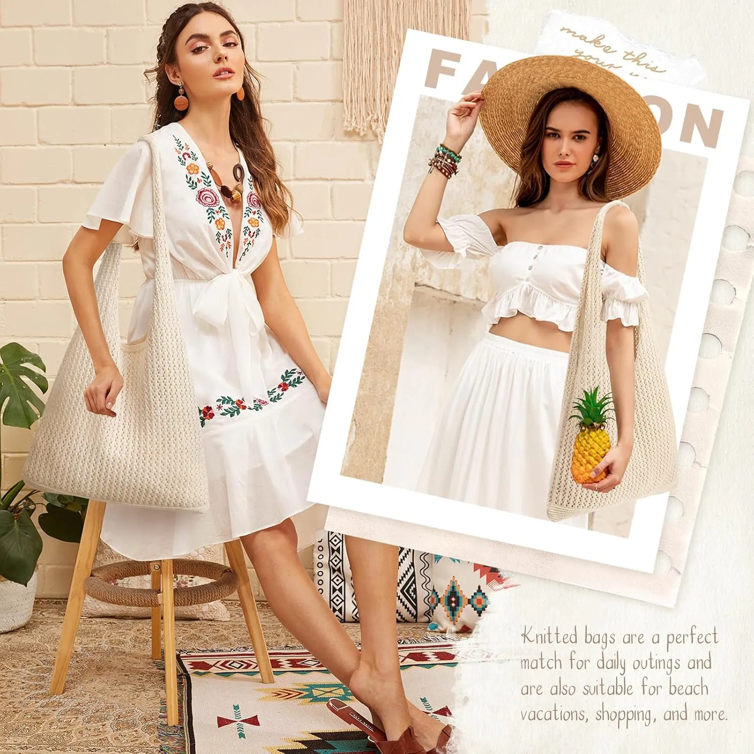 EIMMBD Crochet Bags for Women Beach Totes Bags Aesthetic Summer Tote Shoulder Hippie Bag Knit Bag