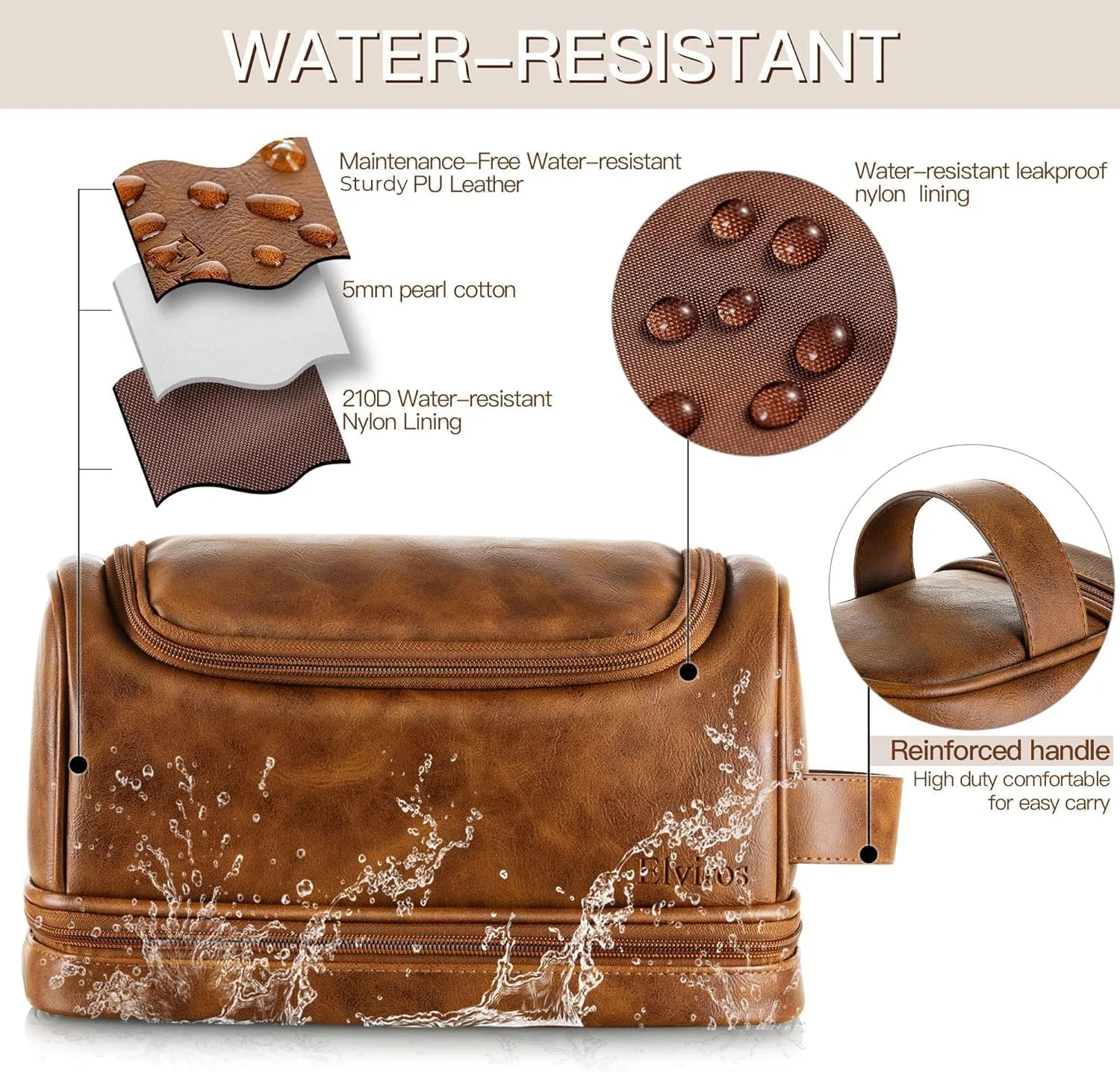 Elviros Toiletry Bag for Mens PU Leather Travel Organizer Kit with Hanging hook, Large Water-resistant Toiletries Bathroom Shaving Bags, Gift For Men (Brown)