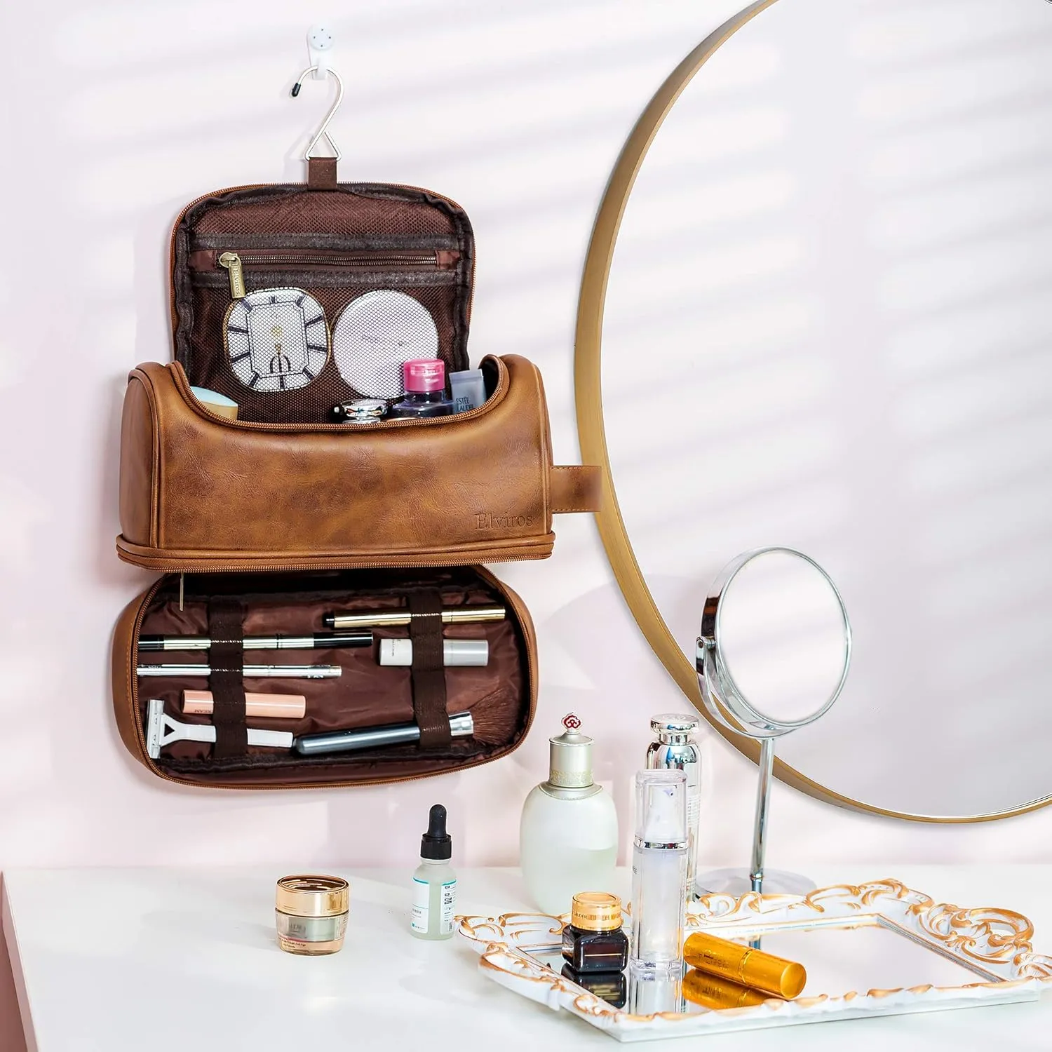 Elviros Toiletry Bag for Mens PU Leather Travel Organizer Kit with Hanging hook, Large Water-resistant Toiletries Bathroom Shaving Bags, Gift For Men (Brown)