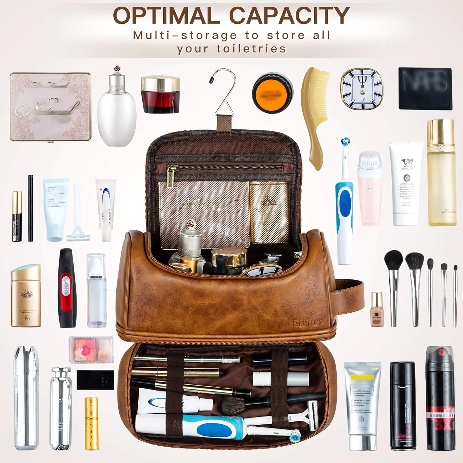 Elviros Toiletry Bag for Mens PU Leather Travel Organizer Kit with Hanging hook, Large Water-resistant Toiletries Bathroom Shaving Bags, Gift For Men (Brown)