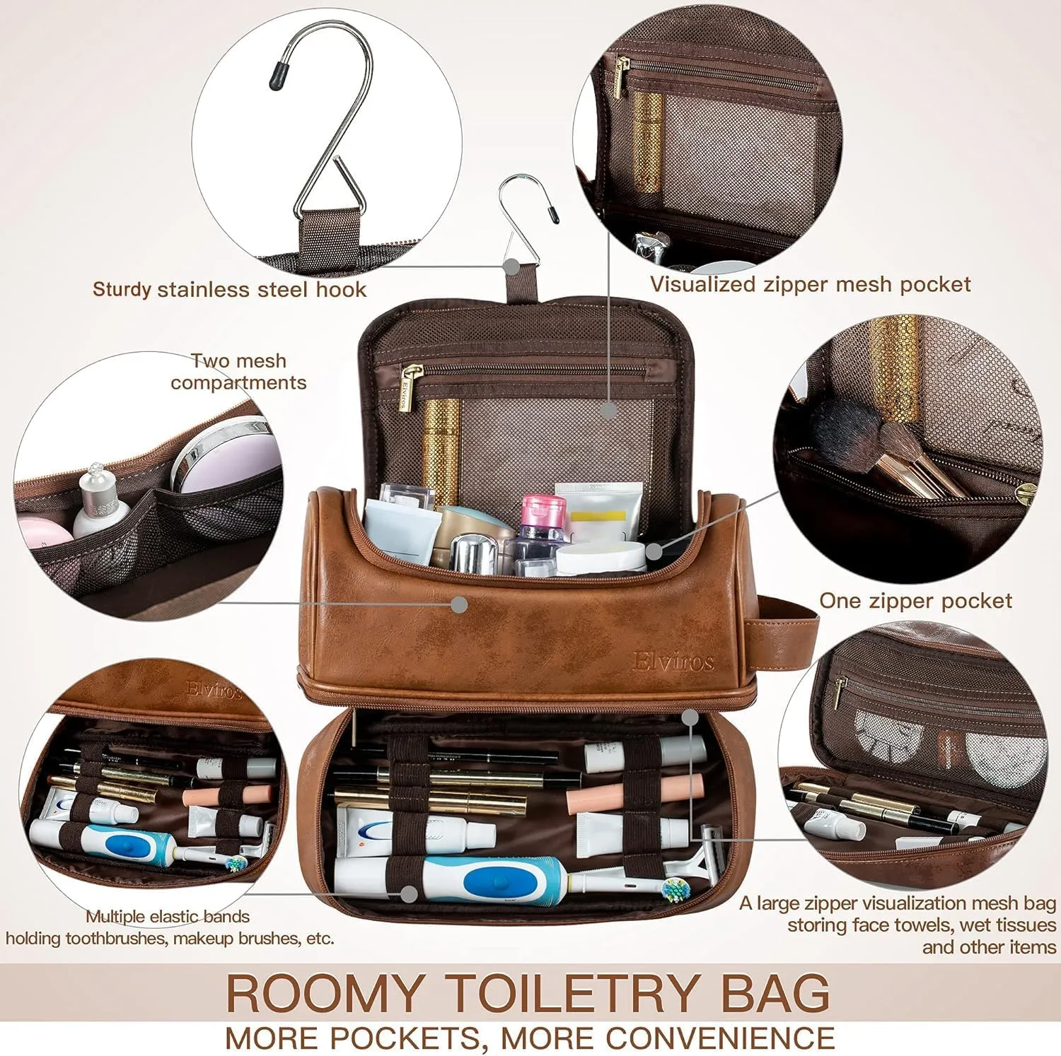 Elviros Toiletry Bag for Mens PU Leather Travel Organizer Kit with Hanging hook, Large Water-resistant Toiletries Bathroom Shaving Bags, Gift For Men (Brown)