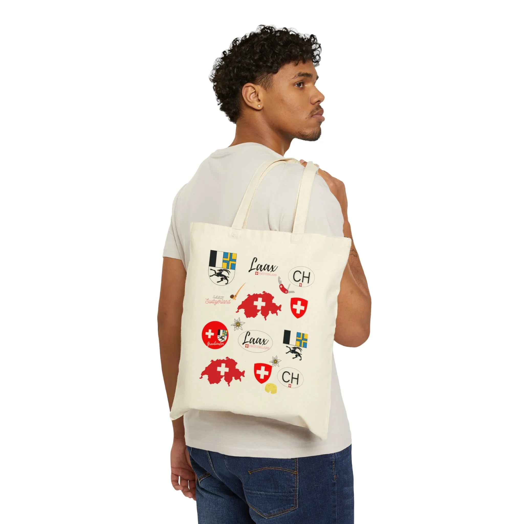 Embrace LAAX: Travel Icons Pattern Cotton Canvas Tote Bag - Perfect for Swiss Adventure Enthusiasts!
