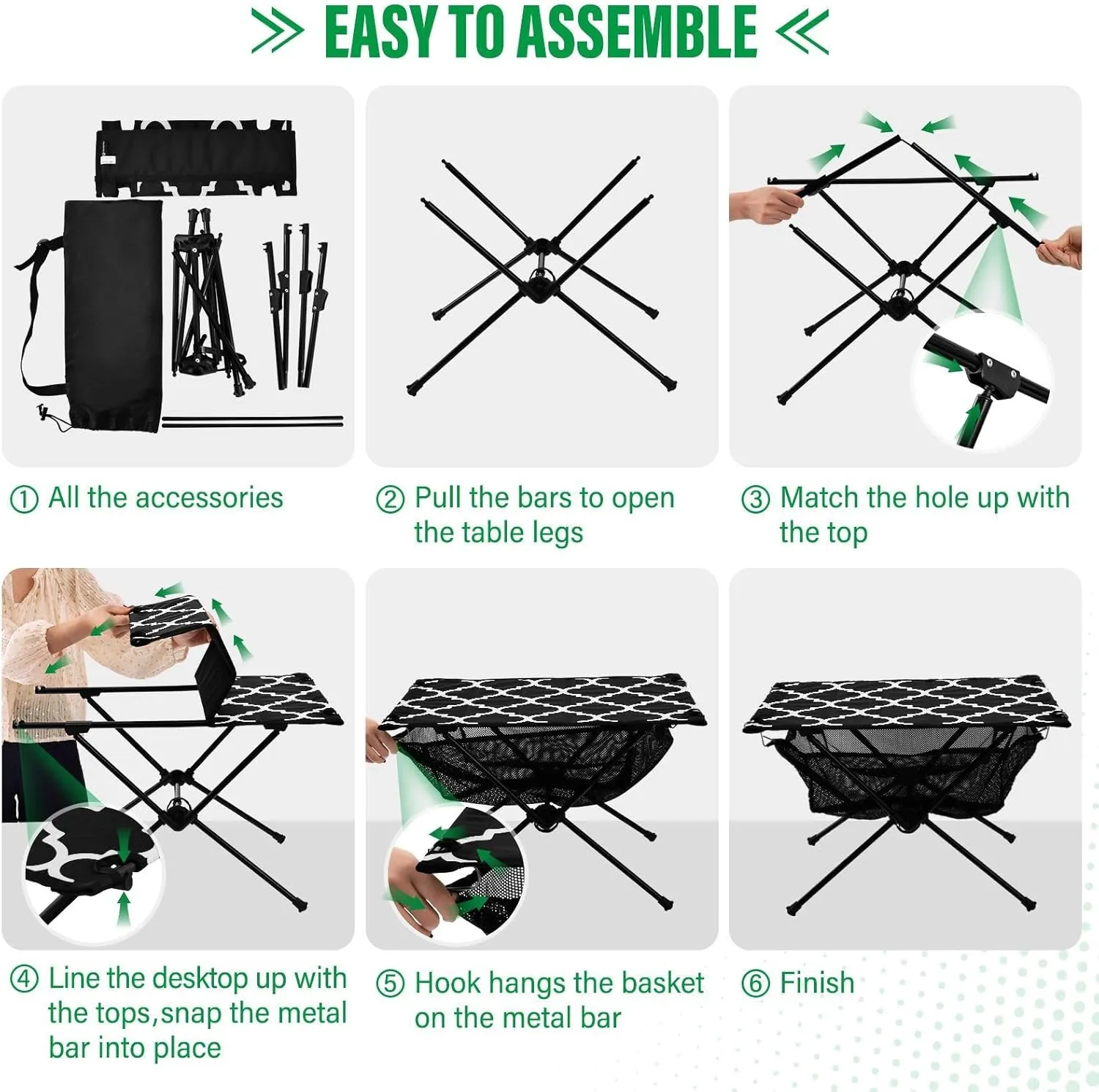 Emelivor Black Geometric Morocco Folding Camping Table Portable Beach Table with Carry Bag Small Picnic Table for Camping BBQ Hiking Outdoor Travel