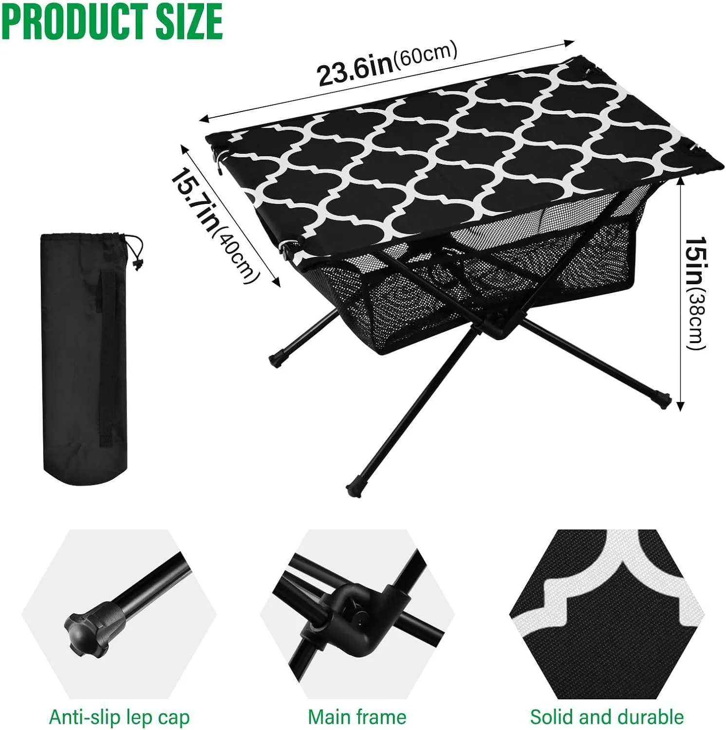 Emelivor Black Geometric Morocco Folding Camping Table Portable Beach Table with Carry Bag Small Picnic Table for Camping BBQ Hiking Outdoor Travel