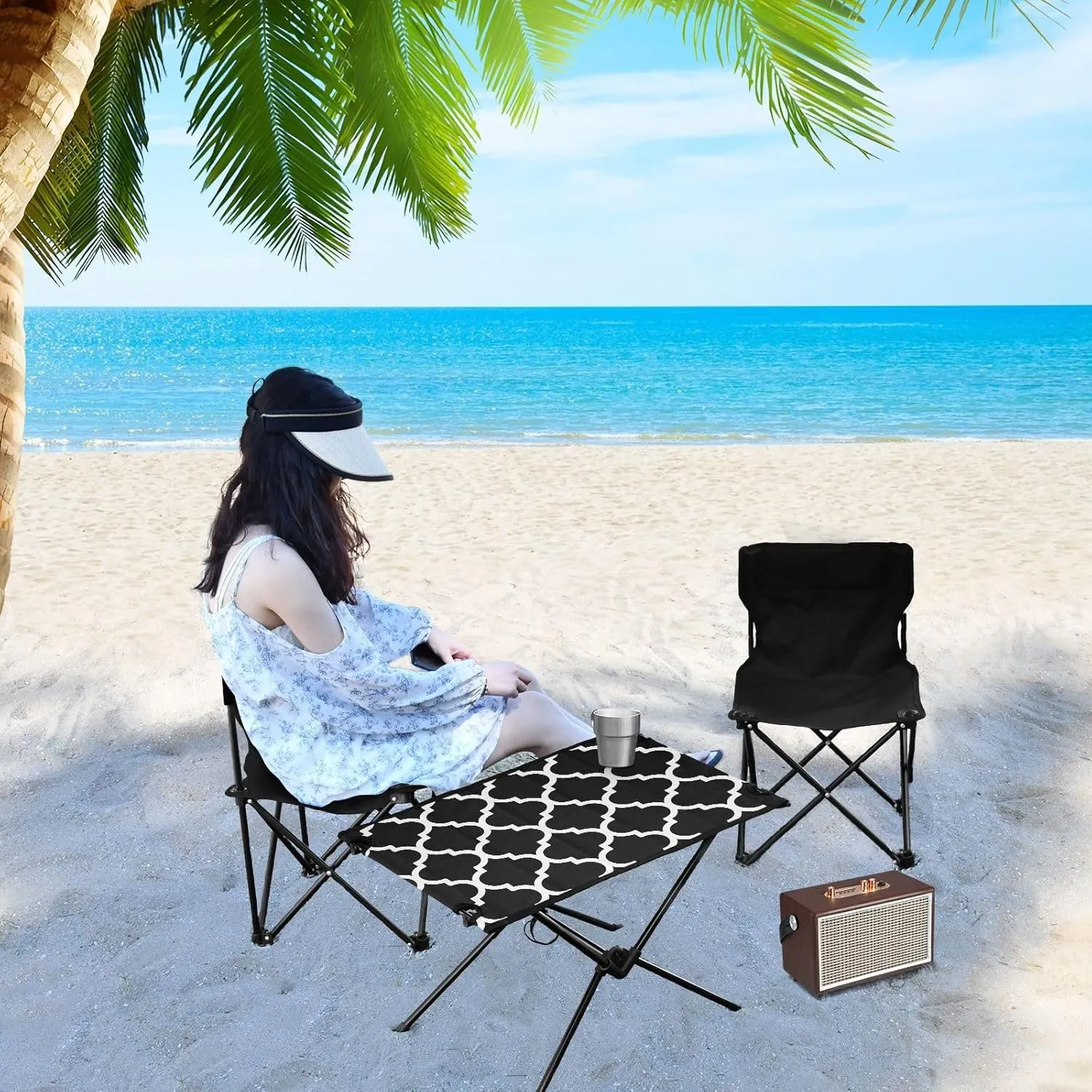 Emelivor Black Geometric Morocco Folding Camping Table Portable Beach Table with Carry Bag Small Picnic Table for Camping BBQ Hiking Outdoor Travel