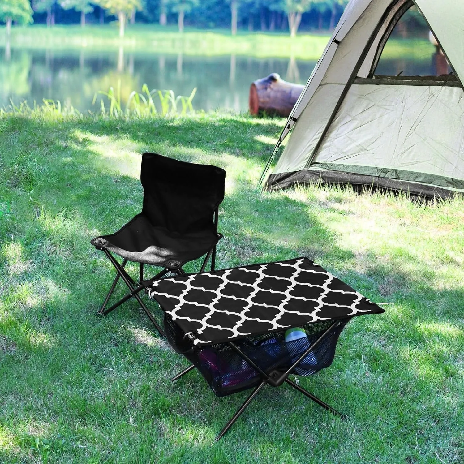 Emelivor Black Geometric Morocco Folding Camping Table Portable Beach Table with Carry Bag Small Picnic Table for Camping BBQ Hiking Outdoor Travel