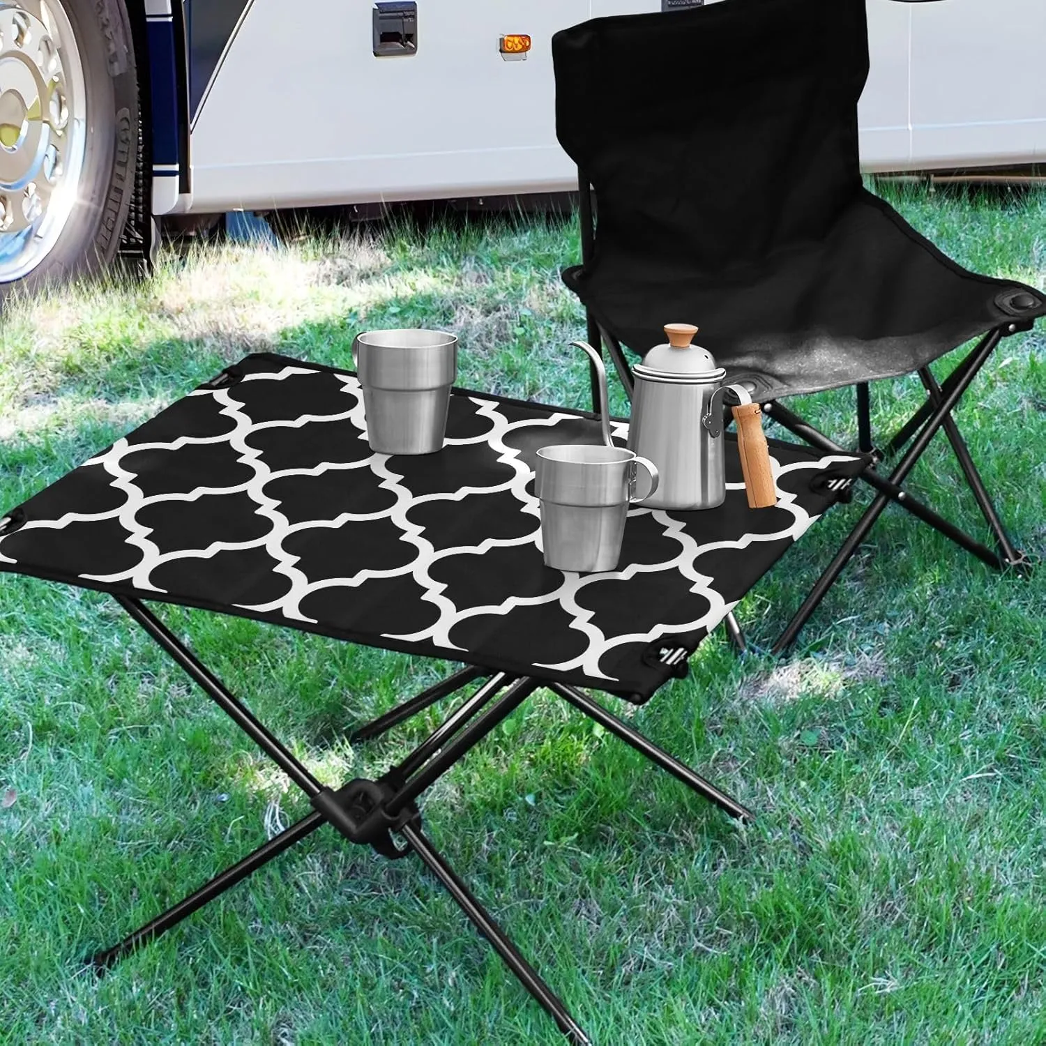 Emelivor Black Geometric Morocco Folding Camping Table Portable Beach Table with Carry Bag Small Picnic Table for Camping BBQ Hiking Outdoor Travel