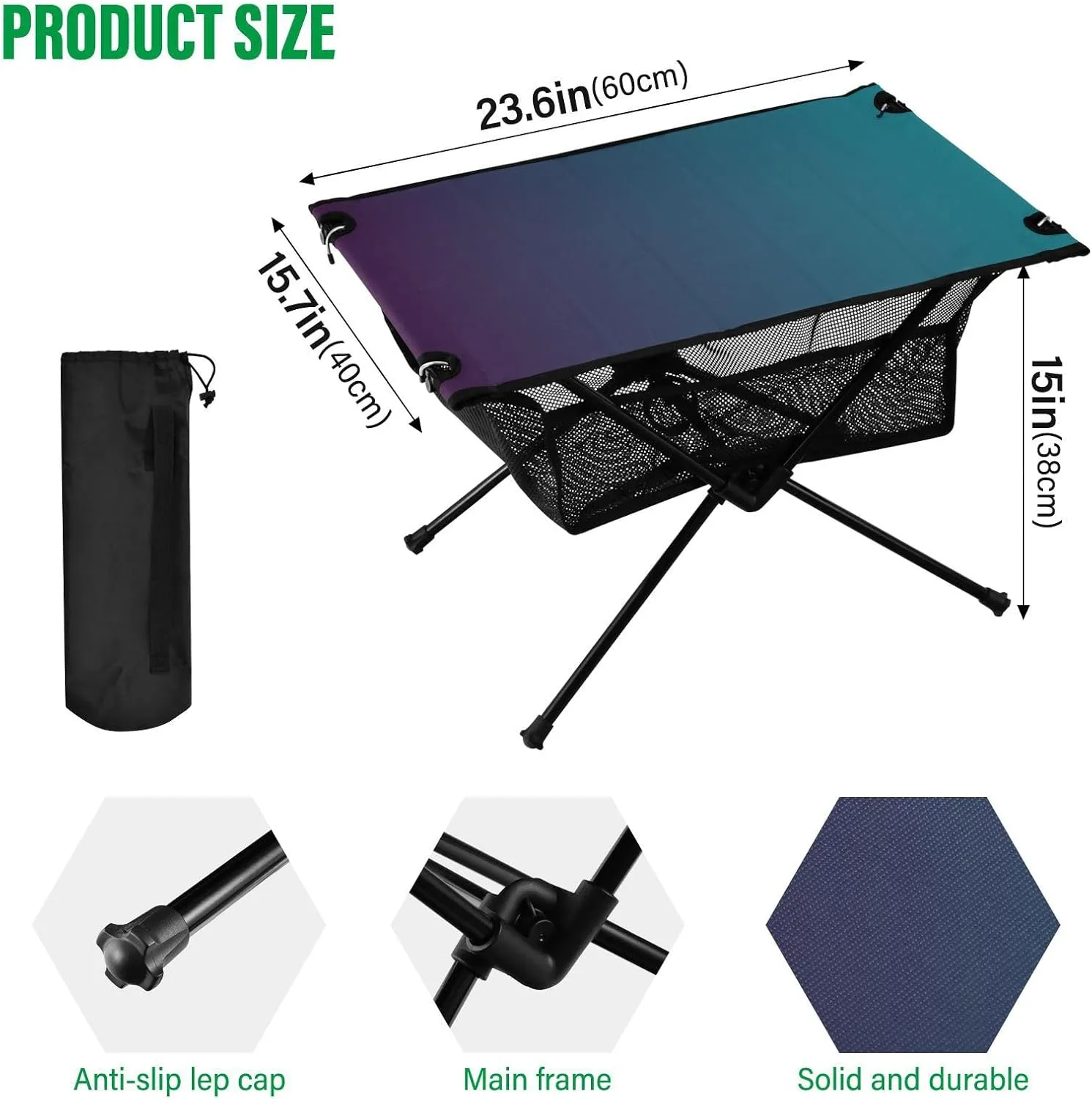 Emelivor Blue Gradient Folding Camping Table Portable Beach Table with Carry Bag Small Camping Side Table for Camping BBQ Hiking Outdoor Travel