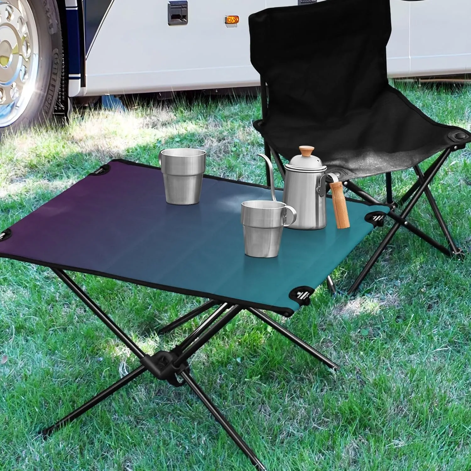 Emelivor Blue Gradient Folding Camping Table Portable Beach Table with Carry Bag Small Camping Side Table for Camping BBQ Hiking Outdoor Travel
