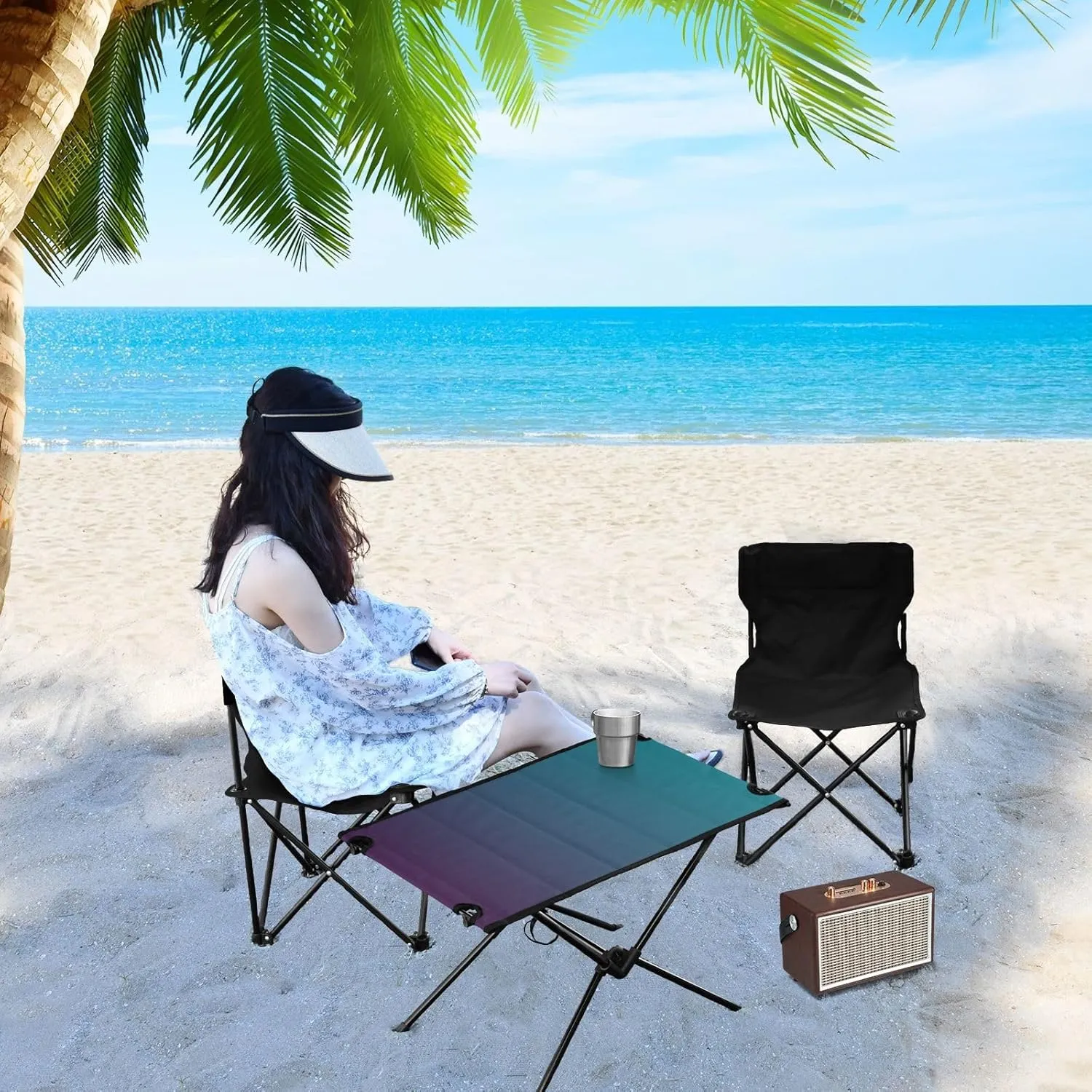 Emelivor Blue Gradient Folding Camping Table Portable Beach Table with Carry Bag Small Camping Side Table for Camping BBQ Hiking Outdoor Travel