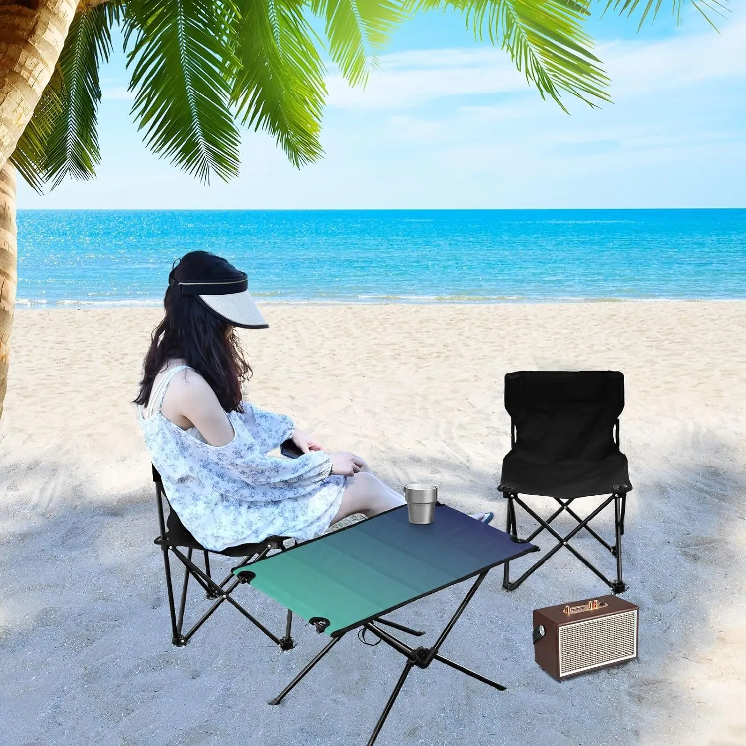 Emelivor Blue Gradient Folding Camping Table Portable Beach Table with Carry Bag Small Foldable Table for Picnic Camping Outdoor Travel Hiking