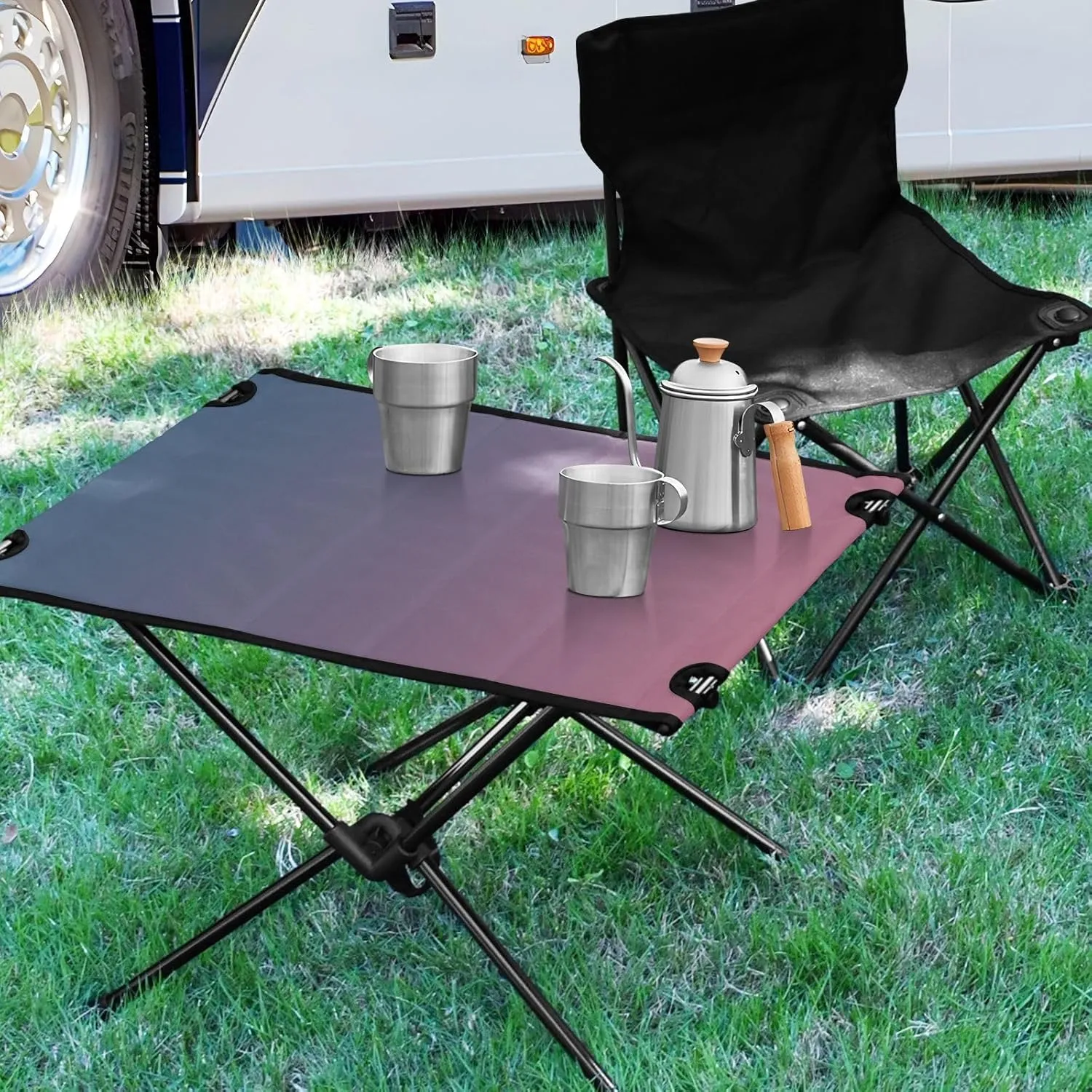 Emelivor Blue Pink Gradient Folding Camping Table Portable Beach Table with Carry Bag Small Foldable Table for Camping Hiking Fishing Garden Outdoor