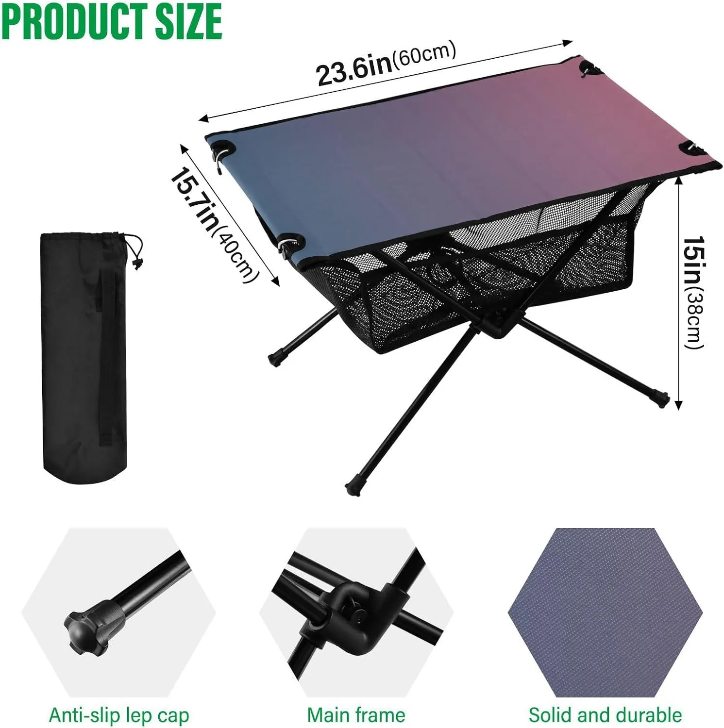 Emelivor Blue Pink Gradient Folding Camping Table Portable Beach Table with Carry Bag Small Foldable Table for Camping Hiking Fishing Garden Outdoor