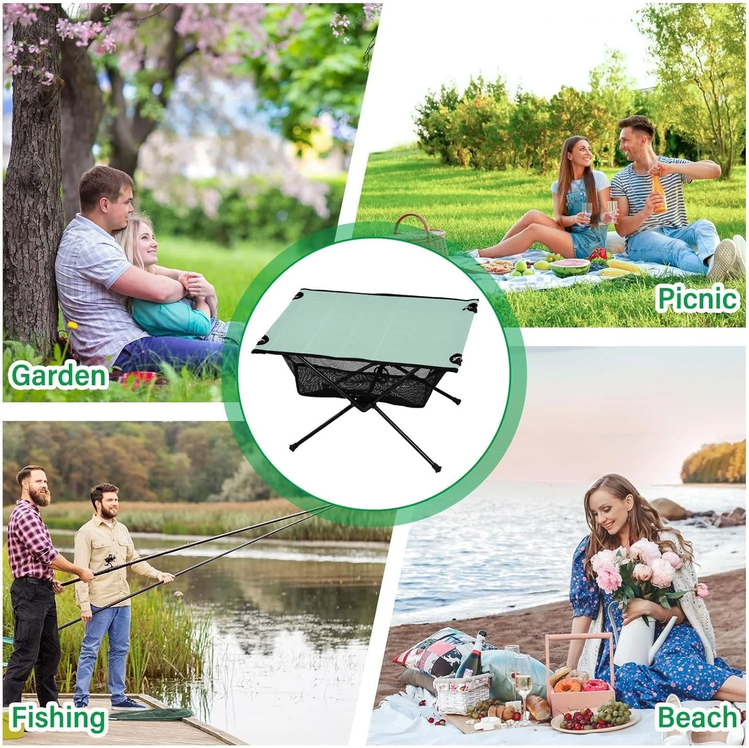 Emelivor Light Green Folding Camping Table Portable Beach Table with Carry Bag Small Card Table for Camping Picnic Cooking Travel Outdoor