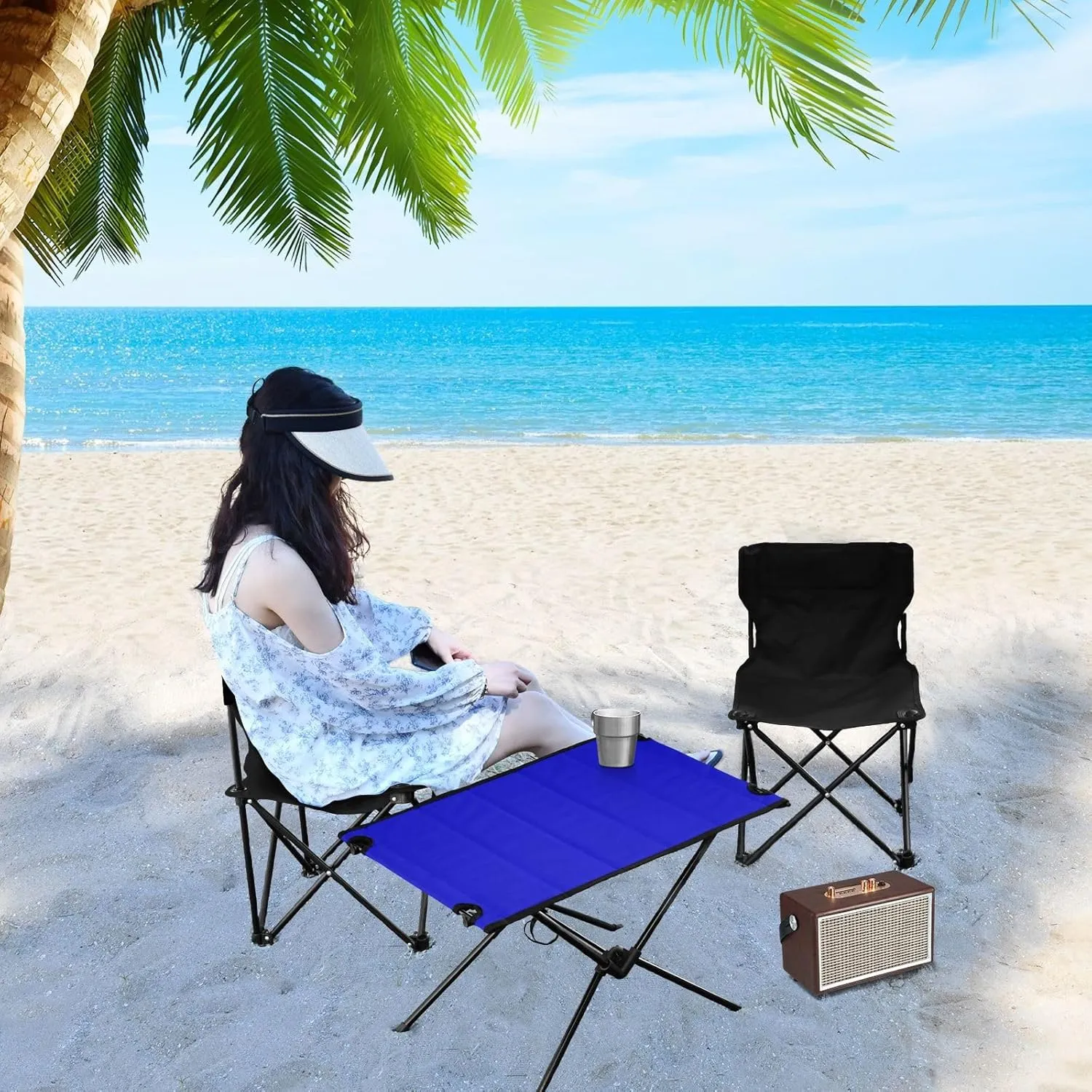 Emelivor Medium Blue Folding Camping Table Portable Beach Table with Carry Bag Small Foldable Table for Camping Fishing Picnic Garden Outdoor