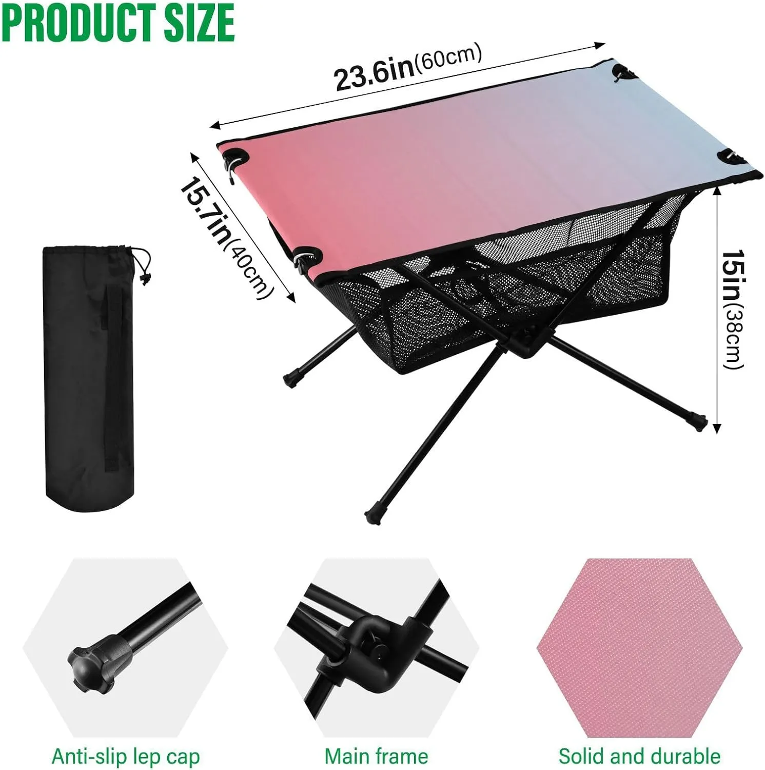 Emelivor Pink Blue Gradient Folding Camping Table Portable Beach Table with Carry Bag Small Craft Table for Camping Hiking Picnic Cooking Travel