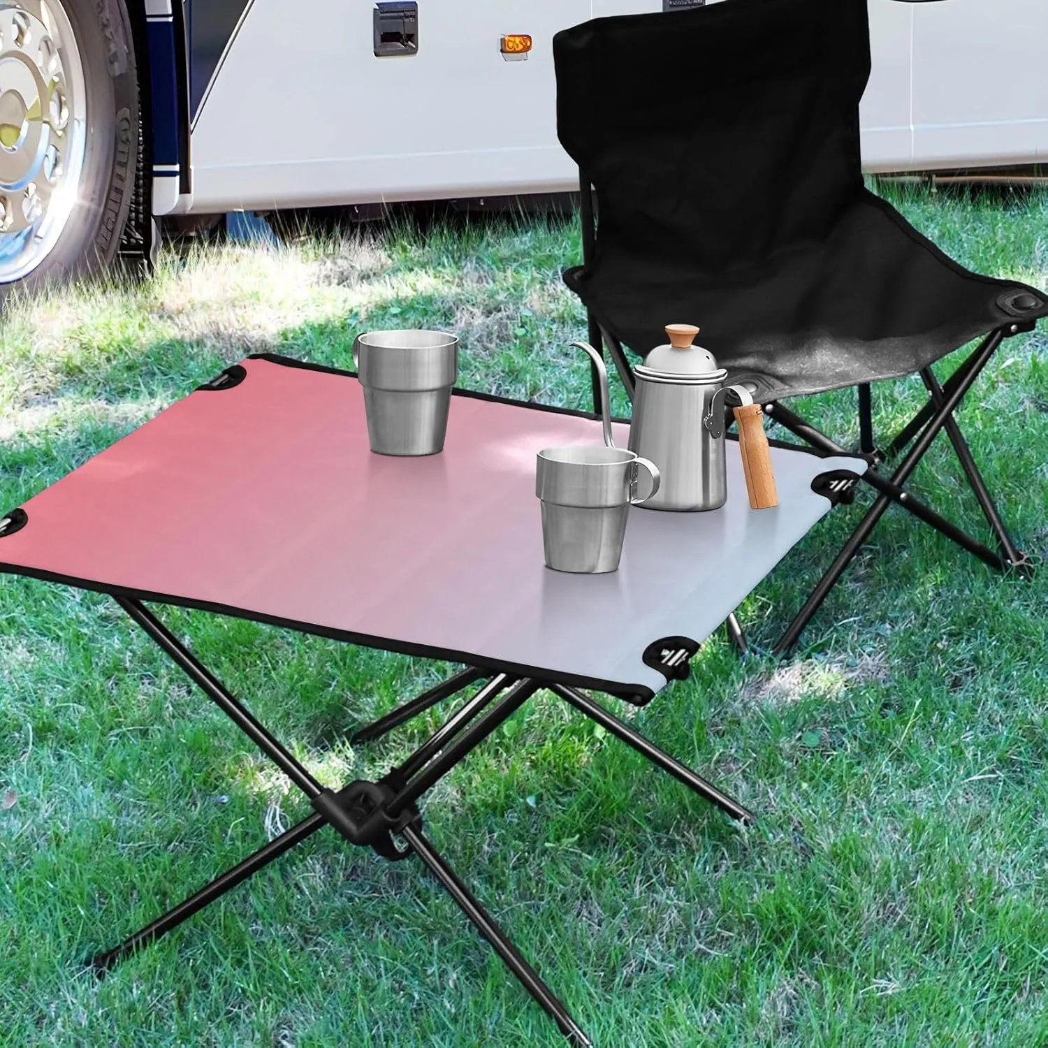 Emelivor Pink Blue Gradient Folding Camping Table Portable Beach Table with Carry Bag Small Craft Table for Camping Hiking Picnic Cooking Travel