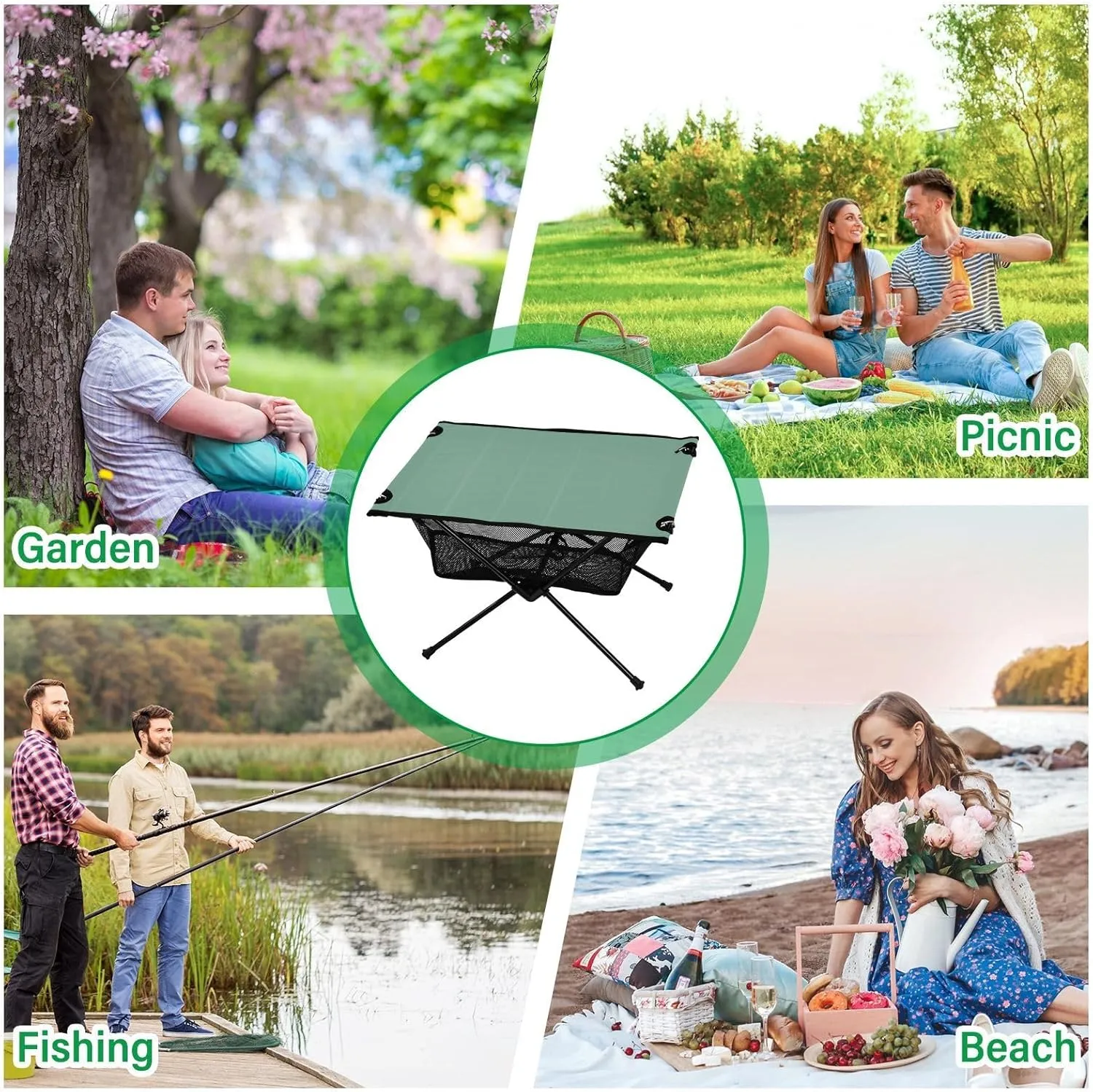 Emelivor Sage Green Folding Camping Table Portable Beach Table with Carry Bag Small Card Table for Picnic Outdoor Fishing Camping Travel