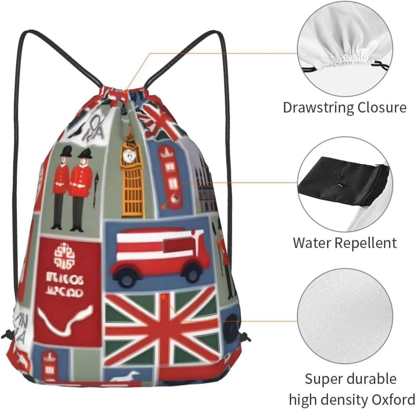 England Symbols Print Drawstring Backpack Bag, Men'S Women'S Shopping Yoga Swimming Travel Sports Backpacks