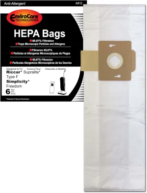EnviroCare Replacement HEPA Filtration Vacuum Cleaner Dust Bags made to fit Riccar Supralite Type F and Simplicty Freedom Uprights
