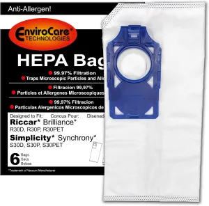 EnviroCare Replacement HEPA Vacuum Cleaner Bags Designed to Fit Riccar Brilliance and Simplicity Synchrony Uprights 6 pack