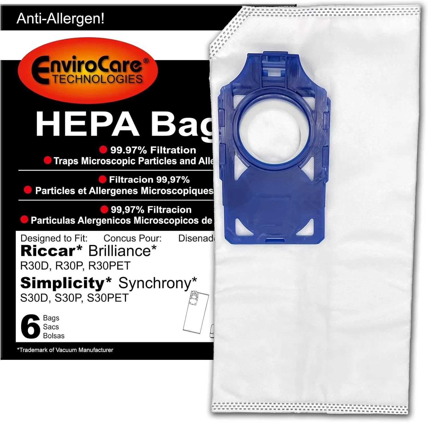 EnviroCare Replacement HEPA Vacuum Cleaner Bags Designed to Fit Riccar Brilliance and Simplicity Synchrony Uprights 6 pack