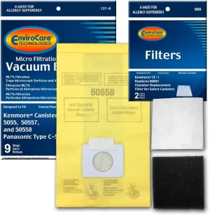 Envirocare Replacement Micro Filtration Vacuum Bags Designed to Fit Kenmore Canister Type C or Q 50555, 50558, 50557 and Panasonic Type C-5 9 Pack. Also Includes 2 CF-1 Filters